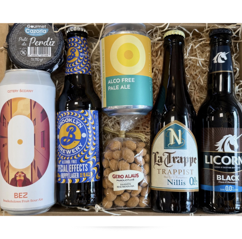 Rinkinys NEALKOHOLINIS ALUS 5*0,33 l / 0,5 but./skard. su užkandžiais