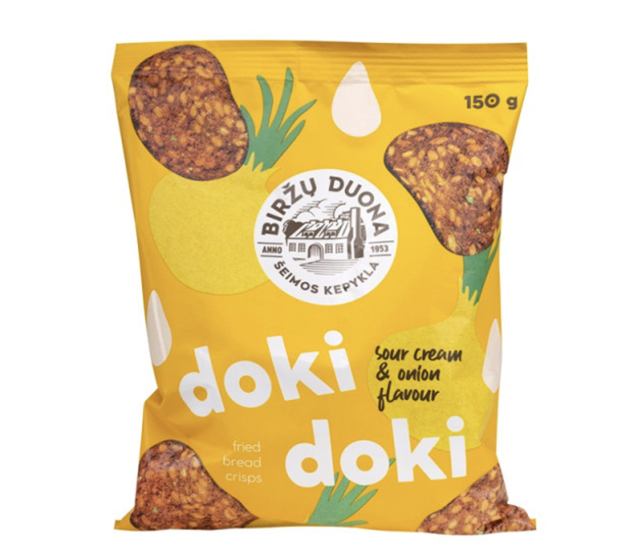 Keptos duonos traškučiai DOKI DOKI (grietinėlės irsvogūnų skonio), 150 g Keptos duonos traškučiai DOKI DOKI (grietinėlės irsvogūnų skonio), 150 g